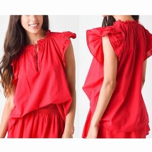 Stark X Sz S Poplin Dreamy Top Red Romantic Flutter Sleeve 100% Cotton Blouse